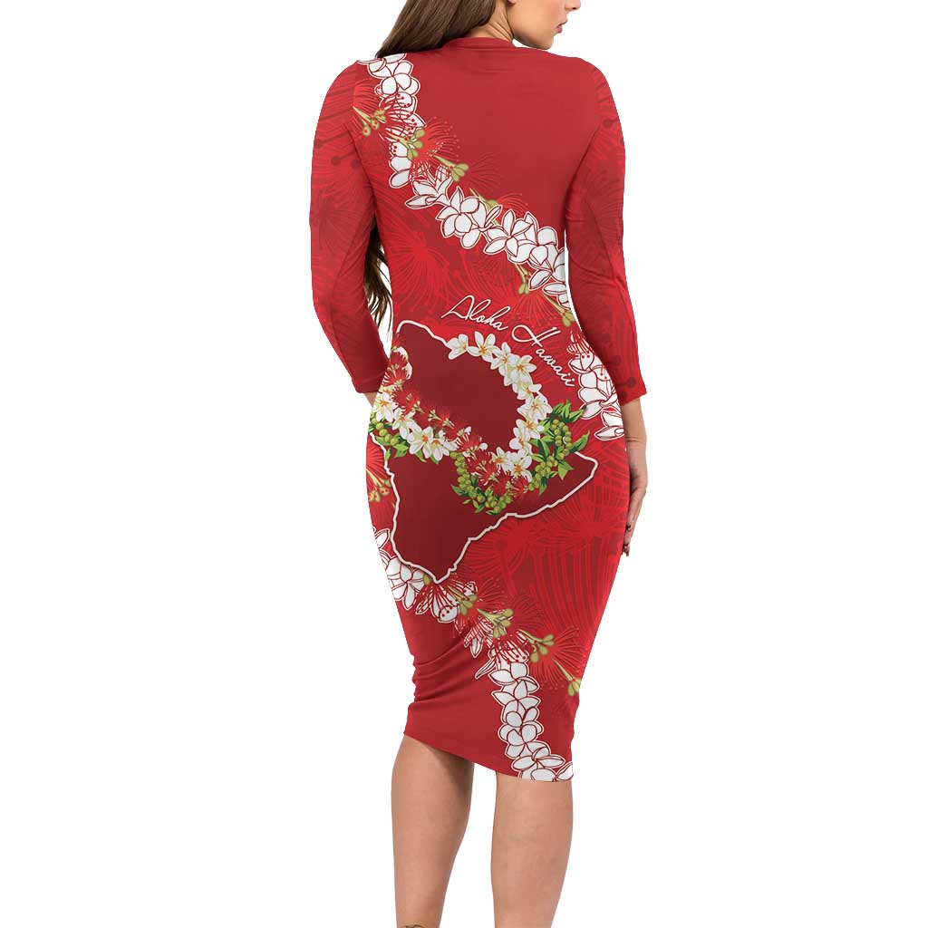 Hawaii Island Flowers Lei Family Matching Long Sleeve Bodycon Dress and Hawaiian Shirt Ohia Lehua Scarlet Red