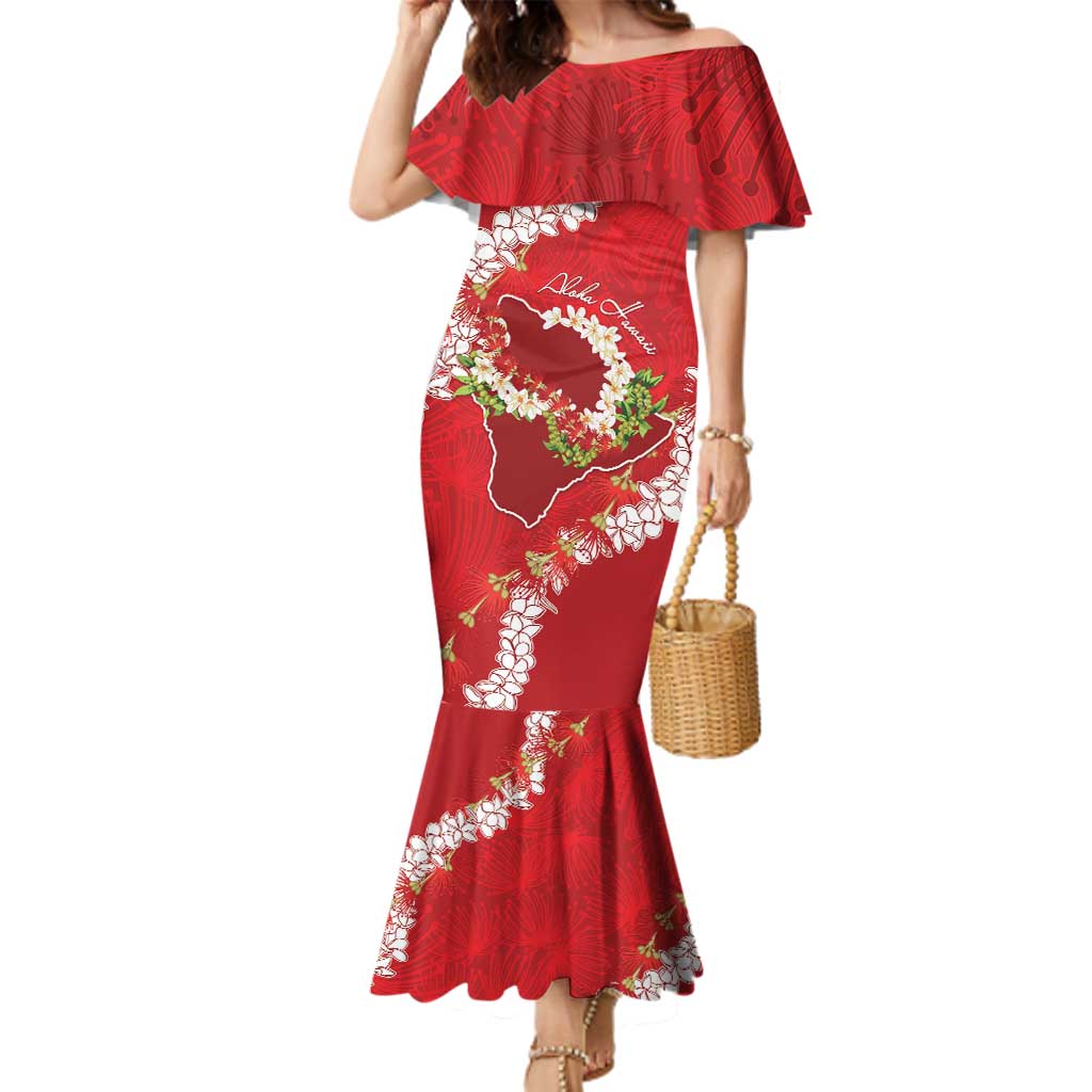 Hawaii Island Flowers Lei Family Matching Mermaid Dress and Hawaiian Shirt Ohia Lehua Scarlet Red