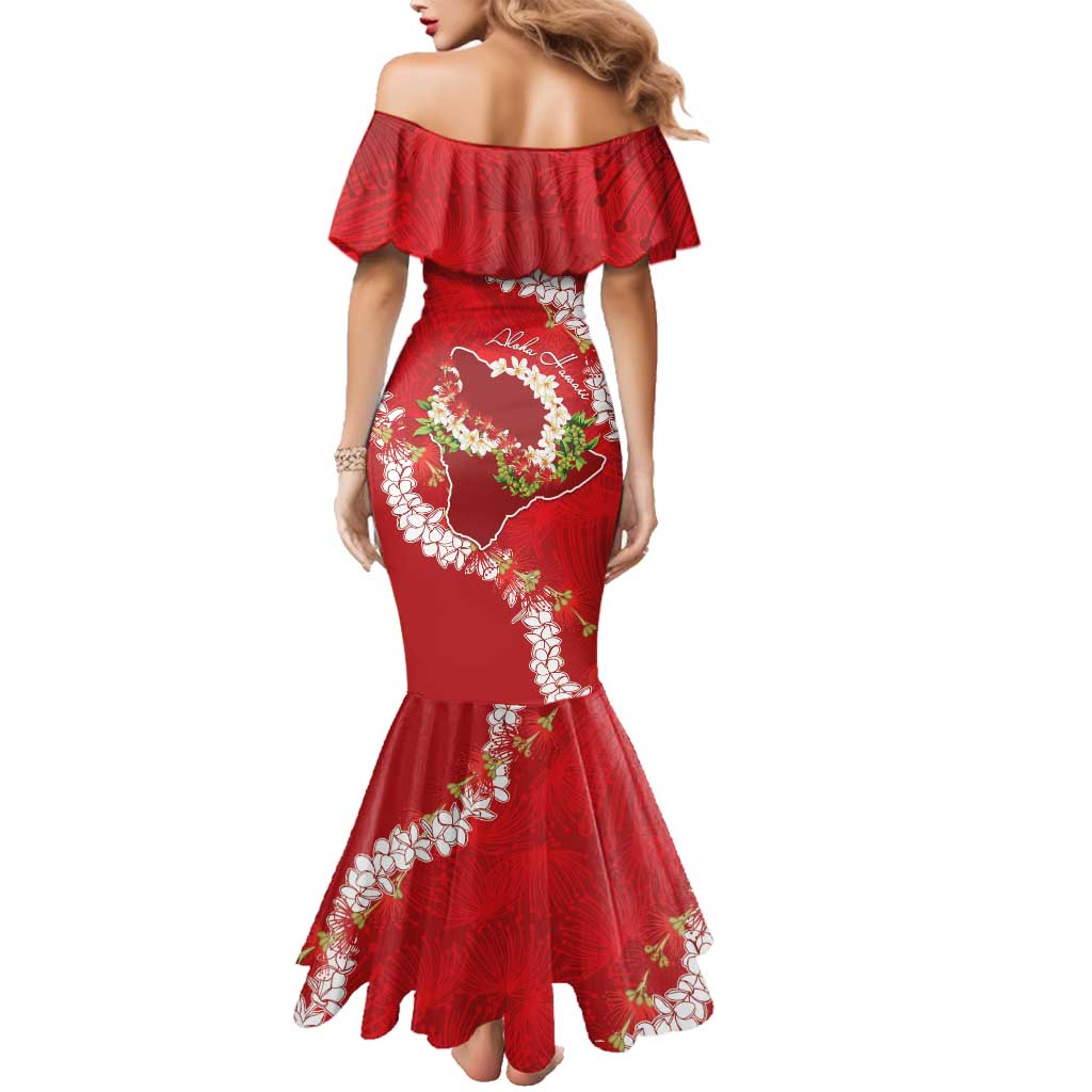 Hawaii Island Flowers Lei Family Matching Mermaid Dress and Hawaiian Shirt Ohia Lehua Scarlet Red