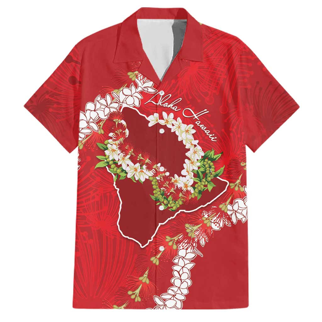 Hawaii Island Flowers Lei Family Matching Off The Shoulder Long Sleeve Dress and Hawaiian Shirt Ohia Lehua Scarlet Red