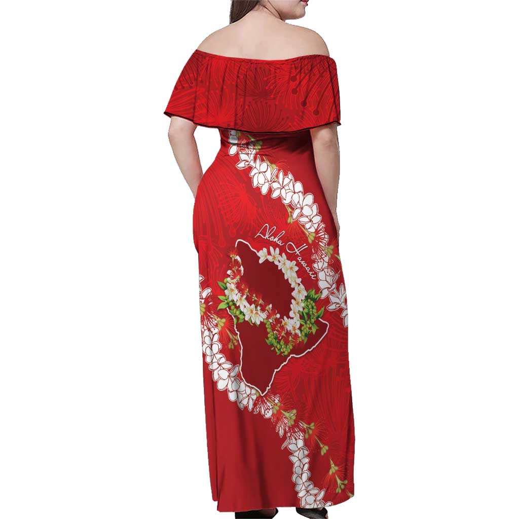 Hawaii Island Flowers Lei Family Matching Off Shoulder Maxi Dress and Hawaiian Shirt Ohia Lehua Scarlet Red