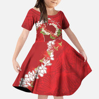 Hawaii Island Flowers Lei Family Matching Off Shoulder Short Dress and Hawaiian Shirt Ohia Lehua Scarlet Red
