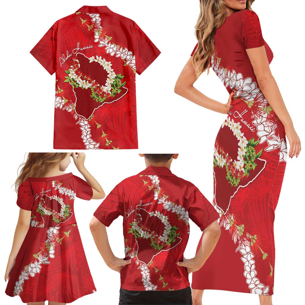 Hawaii Island Flowers Lei Family Matching Short Sleeve Bodycon Dress and Hawaiian Shirt Ohia Lehua Scarlet Red