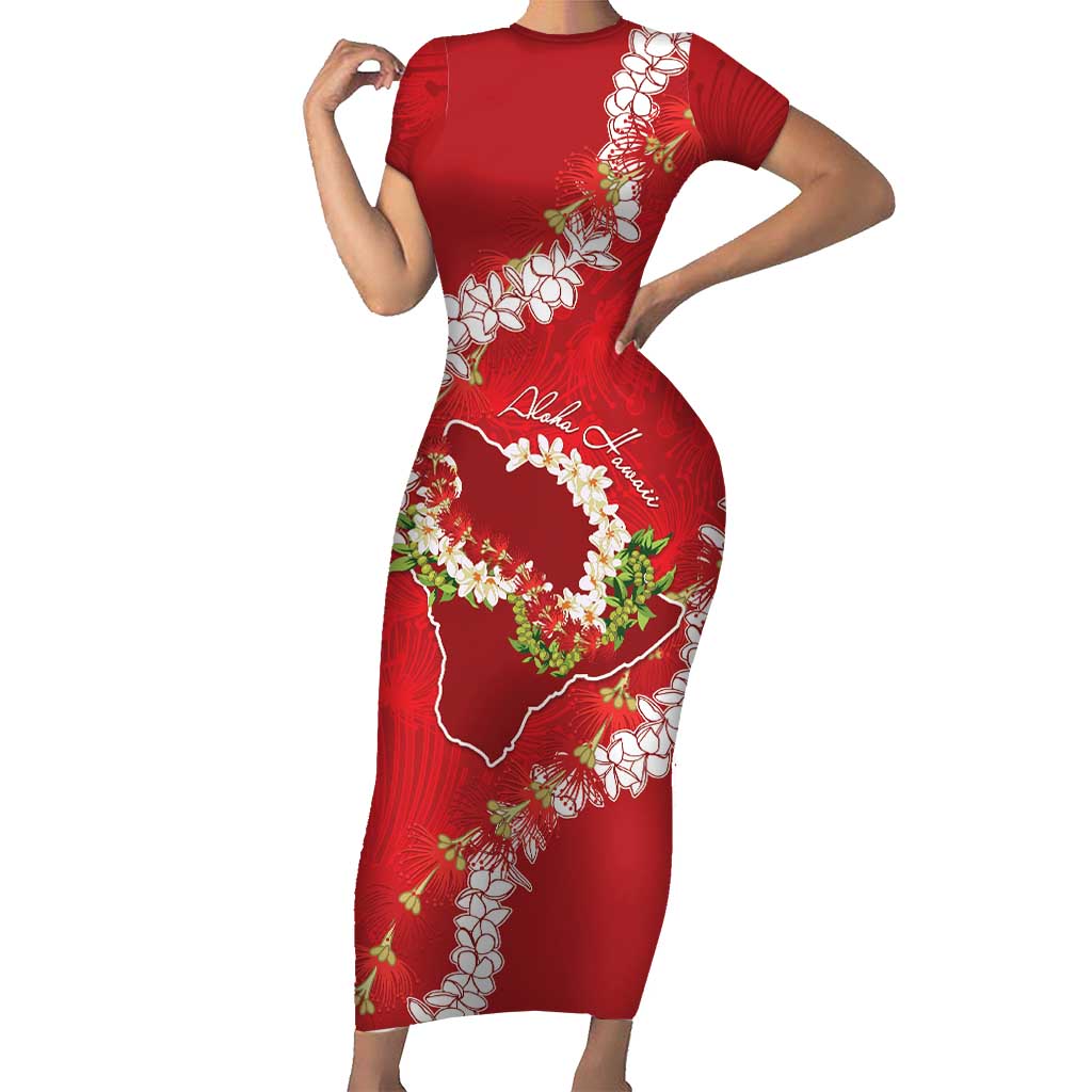Hawaii Island Flowers Lei Family Matching Short Sleeve Bodycon Dress and Hawaiian Shirt Ohia Lehua Scarlet Red