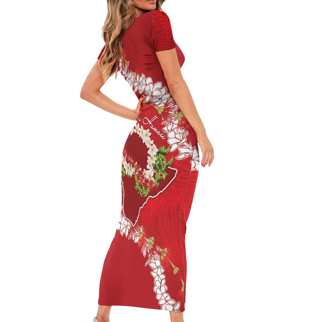 Hawaii Island Flowers Lei Family Matching Short Sleeve Bodycon Dress and Hawaiian Shirt Ohia Lehua Scarlet Red