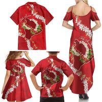 Hawaii Island Flowers Lei Family Matching Summer Maxi Dress and Hawaiian Shirt Ohia Lehua Scarlet Red