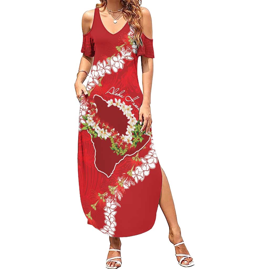 Hawaii Island Flowers Lei Family Matching Summer Maxi Dress and Hawaiian Shirt Ohia Lehua Scarlet Red