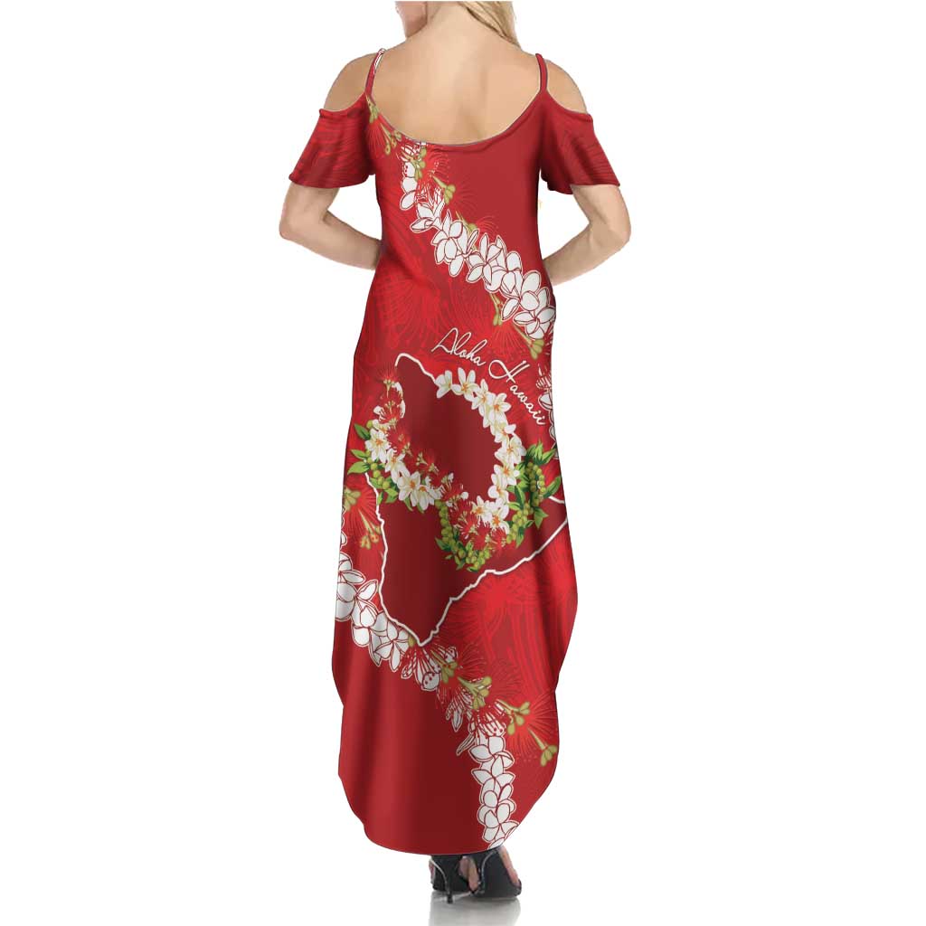 Hawaii Island Flowers Lei Family Matching Summer Maxi Dress and Hawaiian Shirt Ohia Lehua Scarlet Red
