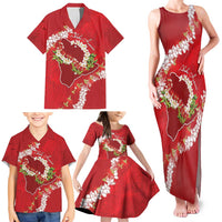 Hawaii Island Flowers Lei Family Matching Tank Maxi Dress and Hawaiian Shirt Ohia Lehua Scarlet Red