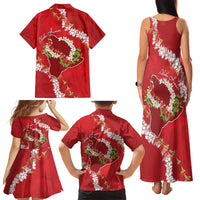 Hawaii Island Flowers Lei Family Matching Tank Maxi Dress and Hawaiian Shirt Ohia Lehua Scarlet Red