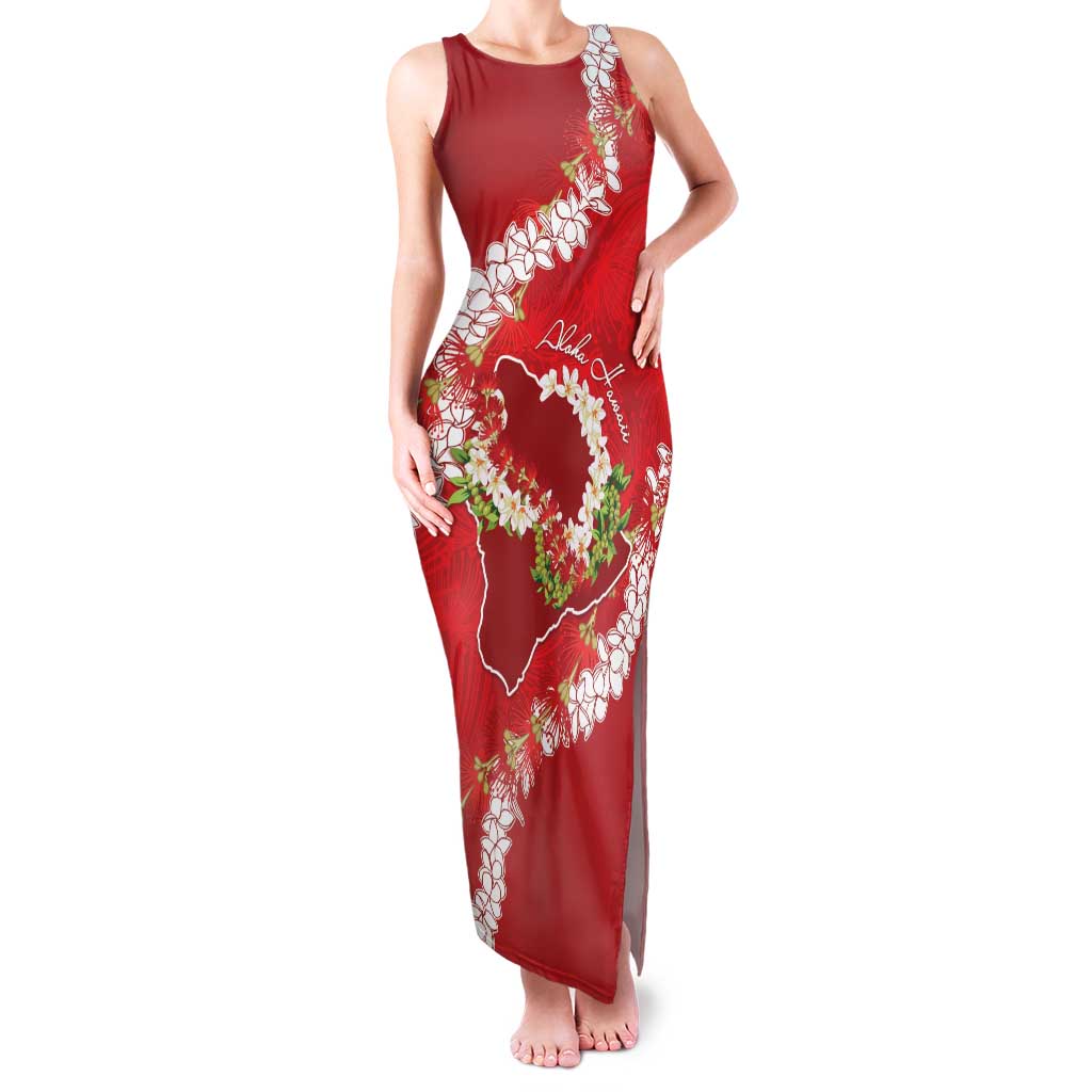 Hawaii Island Flowers Lei Family Matching Tank Maxi Dress and Hawaiian Shirt Ohia Lehua Scarlet Red