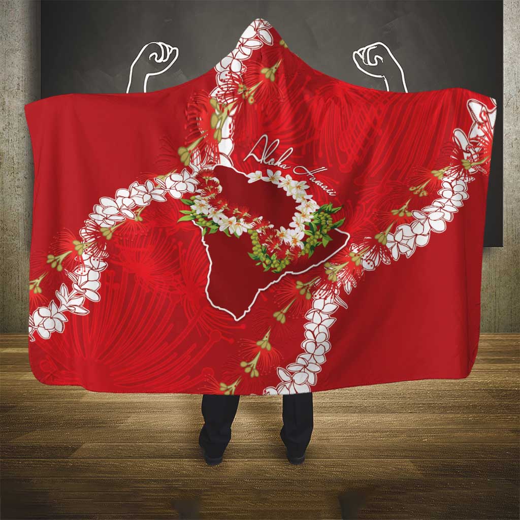 Hawaii Island Flowers Lei Hooded Blanket Ohia Lehua Scarlet Red LT7 - Polynesian Pride