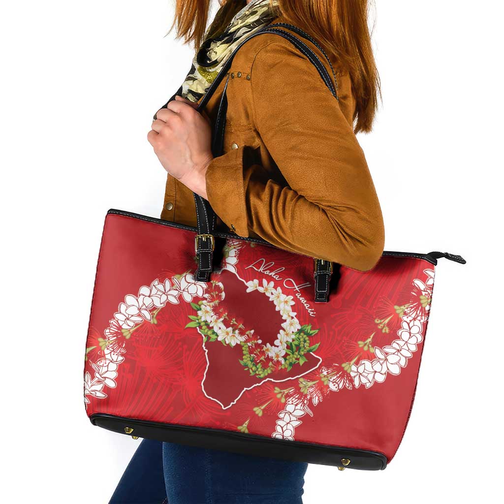 Hawaii Island Flowers Lei Leather Tote Bag Ohia Lehua Scarlet Red
