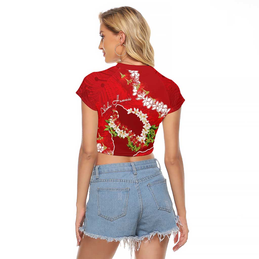 Hawaii Island Flowers Lei Raglan Cropped T Shirt Ohia Lehua Scarlet Red
