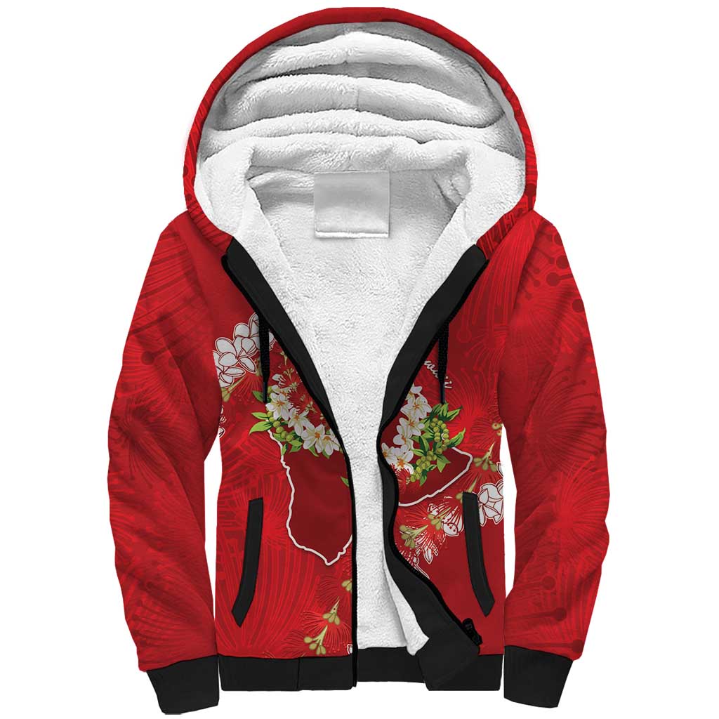Hawaii Island Flowers Lei Sherpa Hoodie Ohia Lehua Scarlet Red