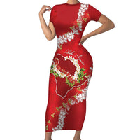 Hawaii Island Flowers Lei Short Sleeve Bodycon Dress Ohia Lehua Scarlet Red