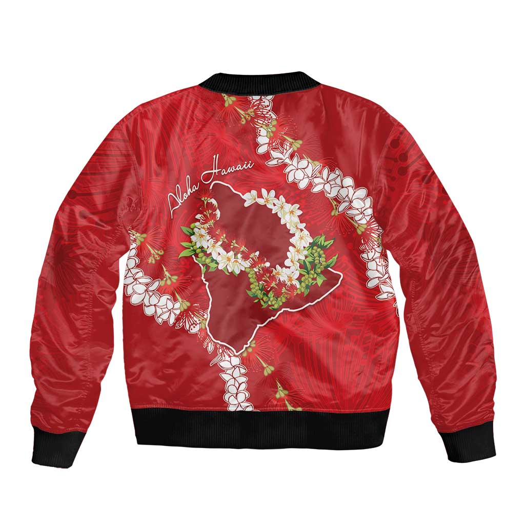 Hawaii Island Flowers Lei Sleeve Zip Bomber Jacket Ohia Lehua Scarlet Red LT7 - Polynesian Pride