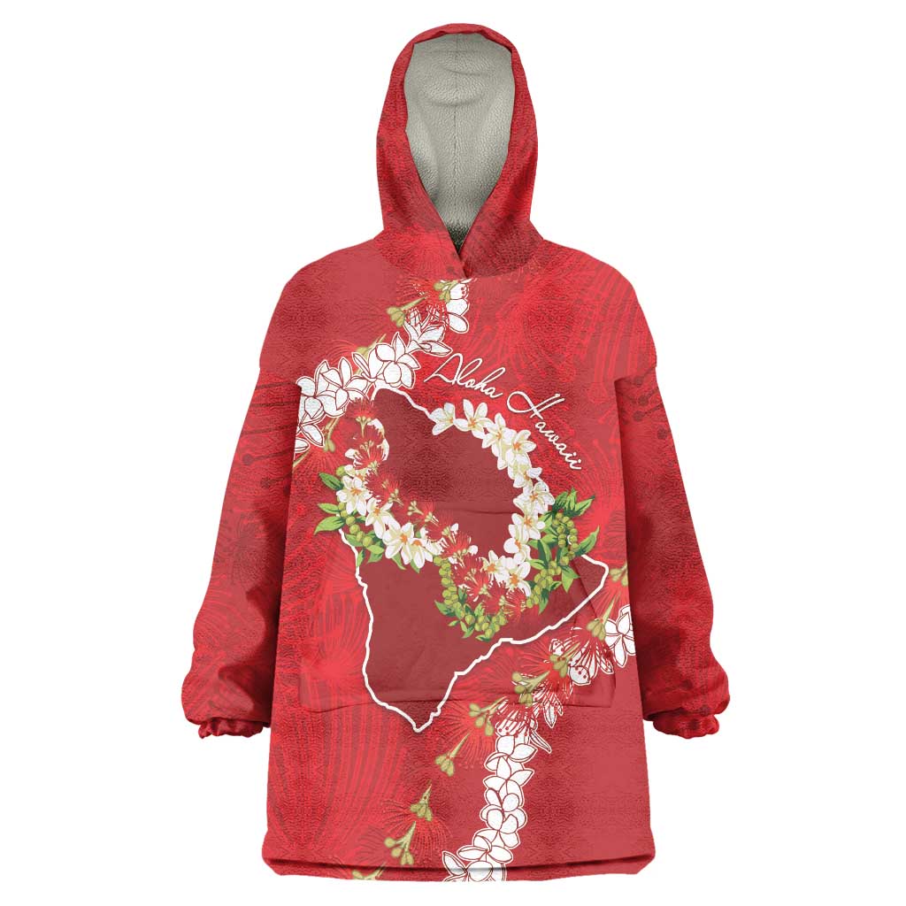 Hawaii Island Flowers Lei Wearable Blanket Hoodie Ohia Lehua Scarlet Red LT7 One Size Red - Polynesian Pride
