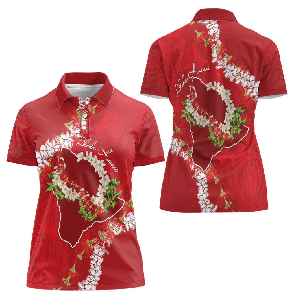 Hawaii Island Flowers Lei Women Polo Shirt Ohia Lehua Scarlet Red