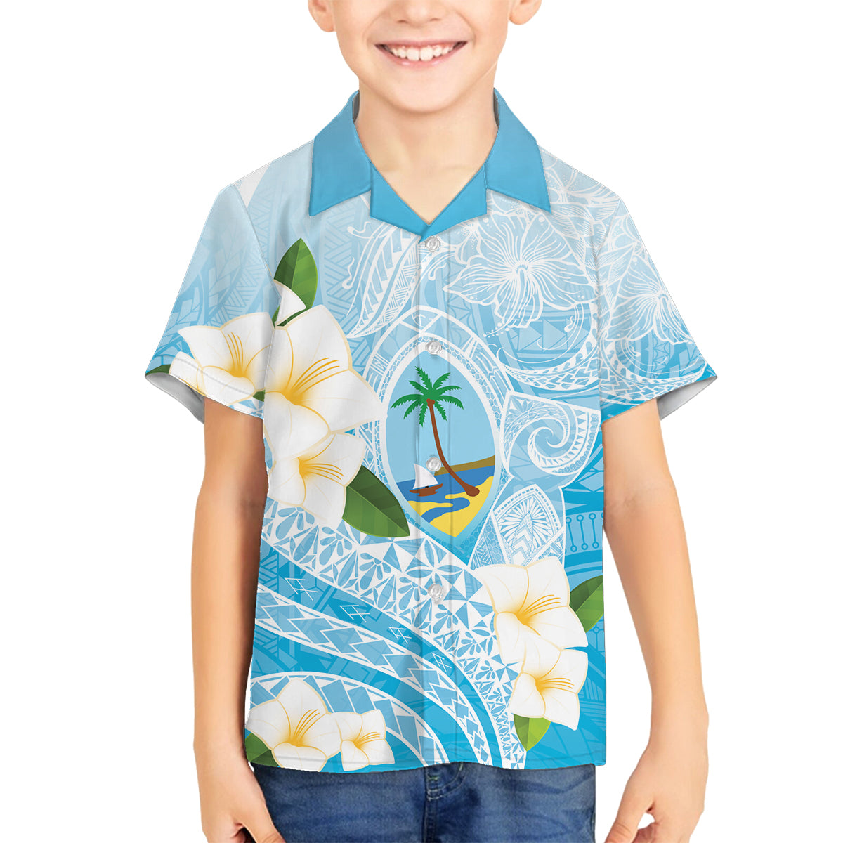 Guam Chamorro Guasali Flowers Family Matching Puletasi and Hawaiian Shirt Aqua Gradient