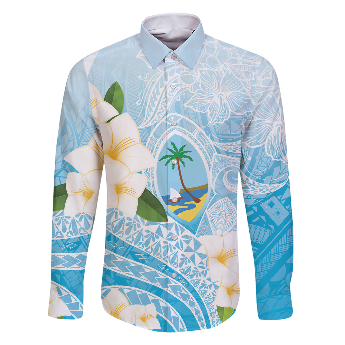 Guam Chamorro Guasali Flowers Family Matching Short Sleeve Bodycon Dress and Hawaiian Shirt Aqua Gradient LT7 Dad's Shirt - Long Sleeve Aquamarine - Polynesian Pride