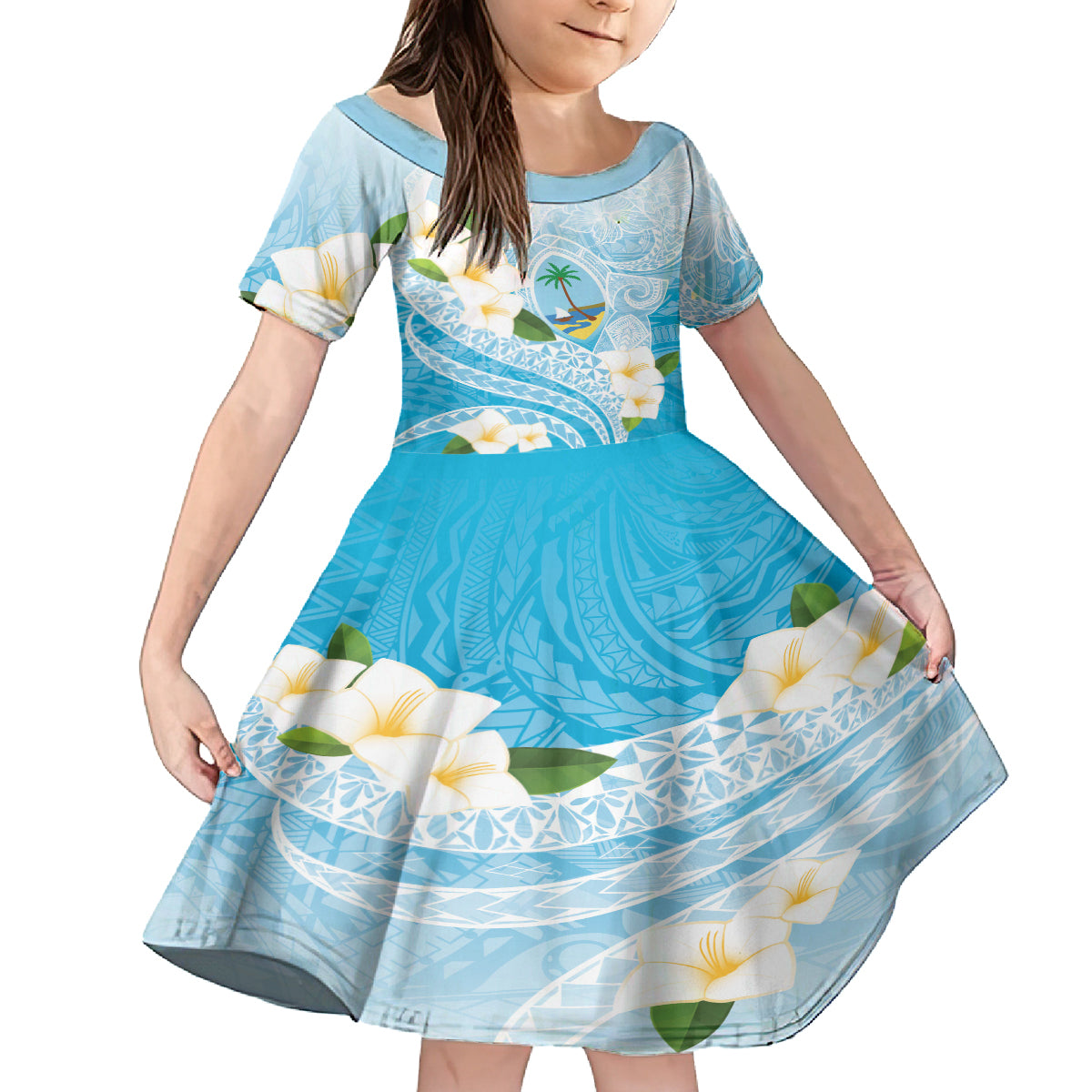Guam Chamorro Guasali Flowers Family Matching Summer Maxi Dress and Hawaiian Shirt Aqua Gradient LT7 Daughter's Dress Aquamarine - Polynesian Pride