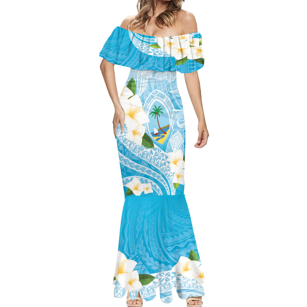 Guam Chamorro Guasali Flowers Mermaid Dress Aqua Gradient
