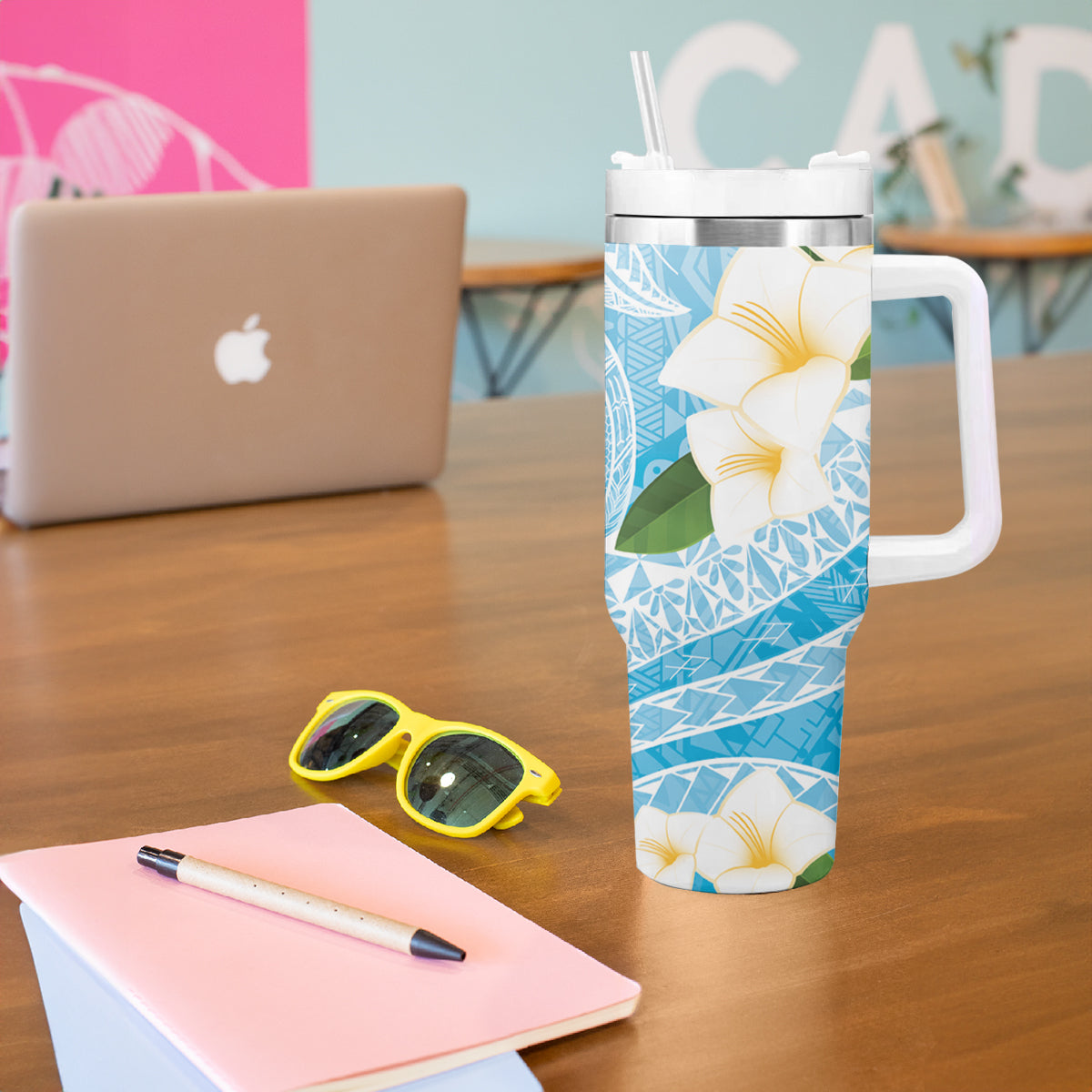 Guam Chamorro Guasali Flowers Tumbler With Handle Aqua Gradient LT7