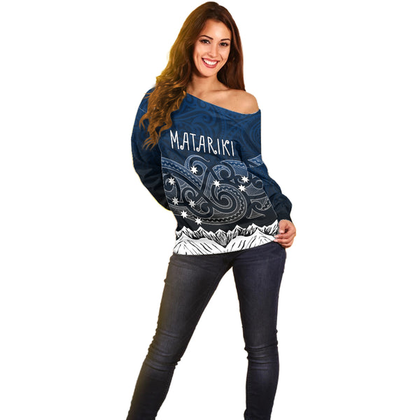 Personalised Matariki New Zealand Off Shoulder Sweater Maori New Year Tiki Turquoise Version LT14