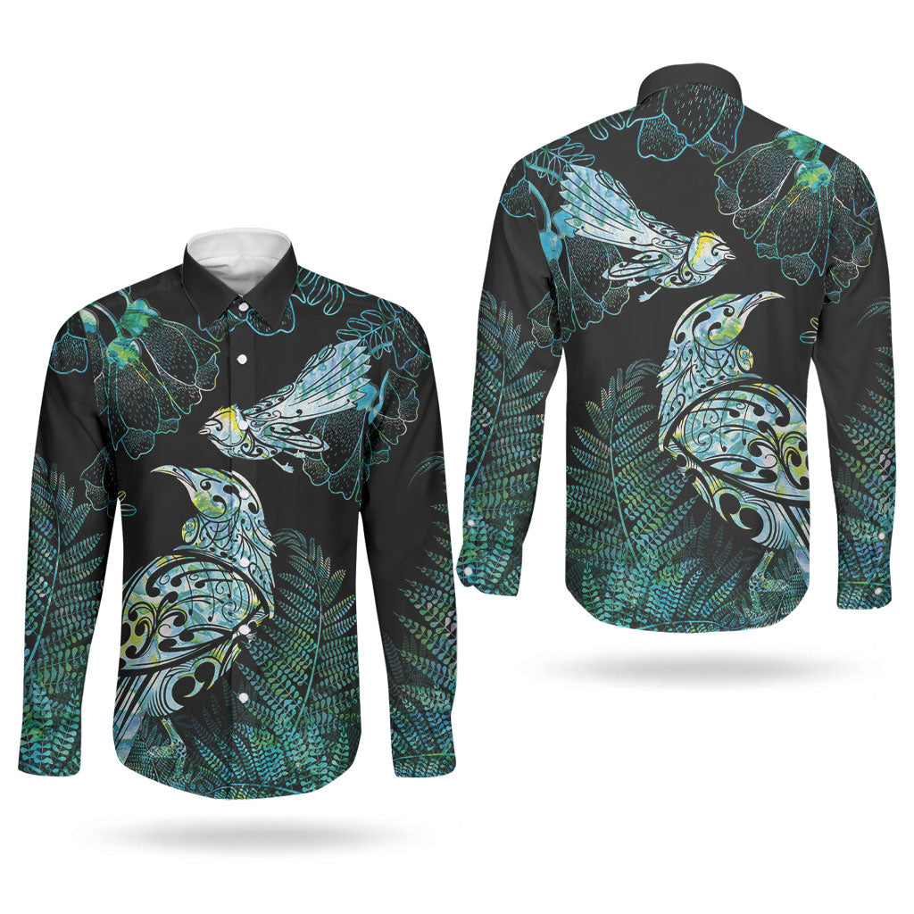 Aotearoa Maori Mahuru Couples Matching Off Shoulder Maxi Dress and Long Sleeve Button Shirt Spring Time - Paua Shell Green LT7 - Polynesian Pride
