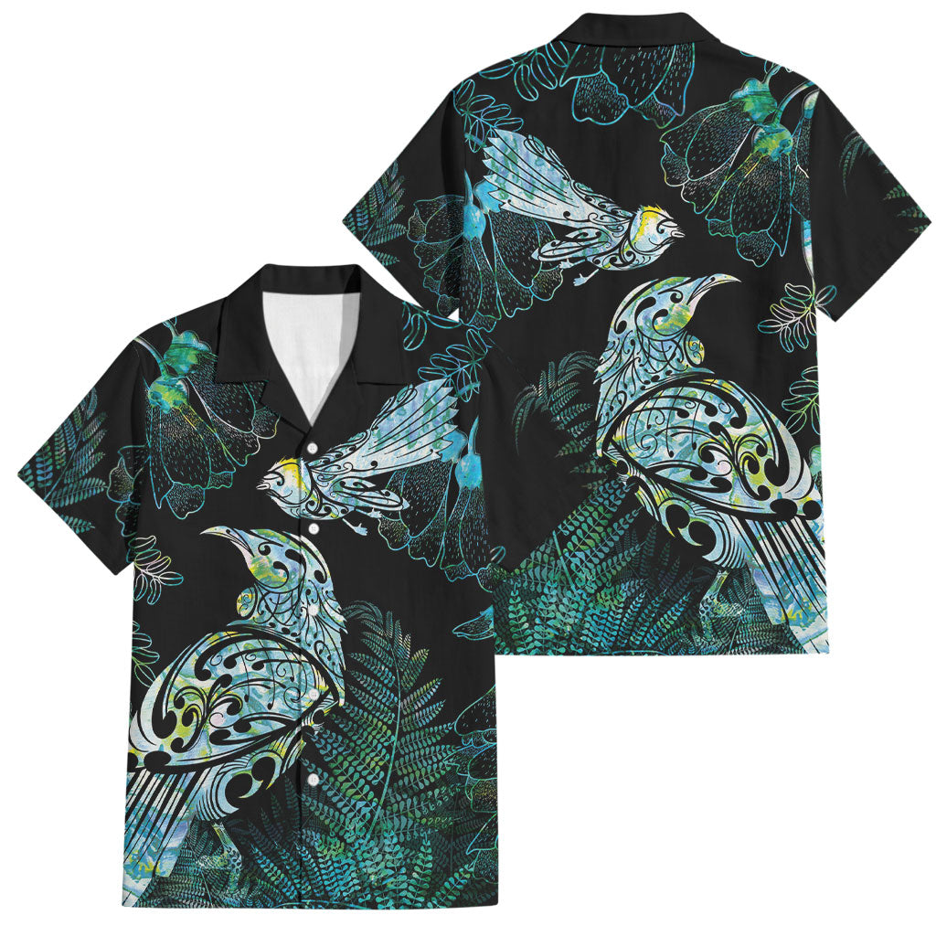 Aotearoa Maori Mahuru Family Matching Off Shoulder Short Dress and Hawaiian Shirt Spring Time - Paua Shell Green LT7 Dad's Shirt - Short Sleeve Black - Polynesian Pride