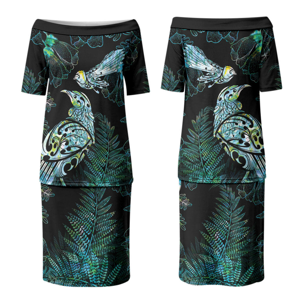Aotearoa Maori Mahuru Family Matching Puletasi and Hawaiian Shirt Spring Time - Paua Shell Green LT7 Mom's Dress Black - Polynesian Pride