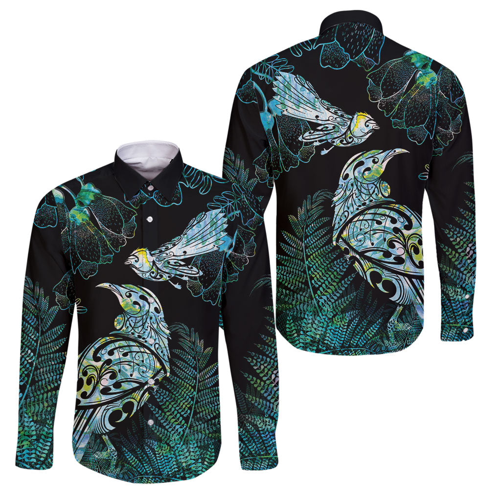 Aotearoa Maori Mahuru Family Matching Tank Maxi Dress and Hawaiian Shirt Spring Time - Paua Shell Green LT7 Dad's Shirt - Long Sleeve Black - Polynesian Pride