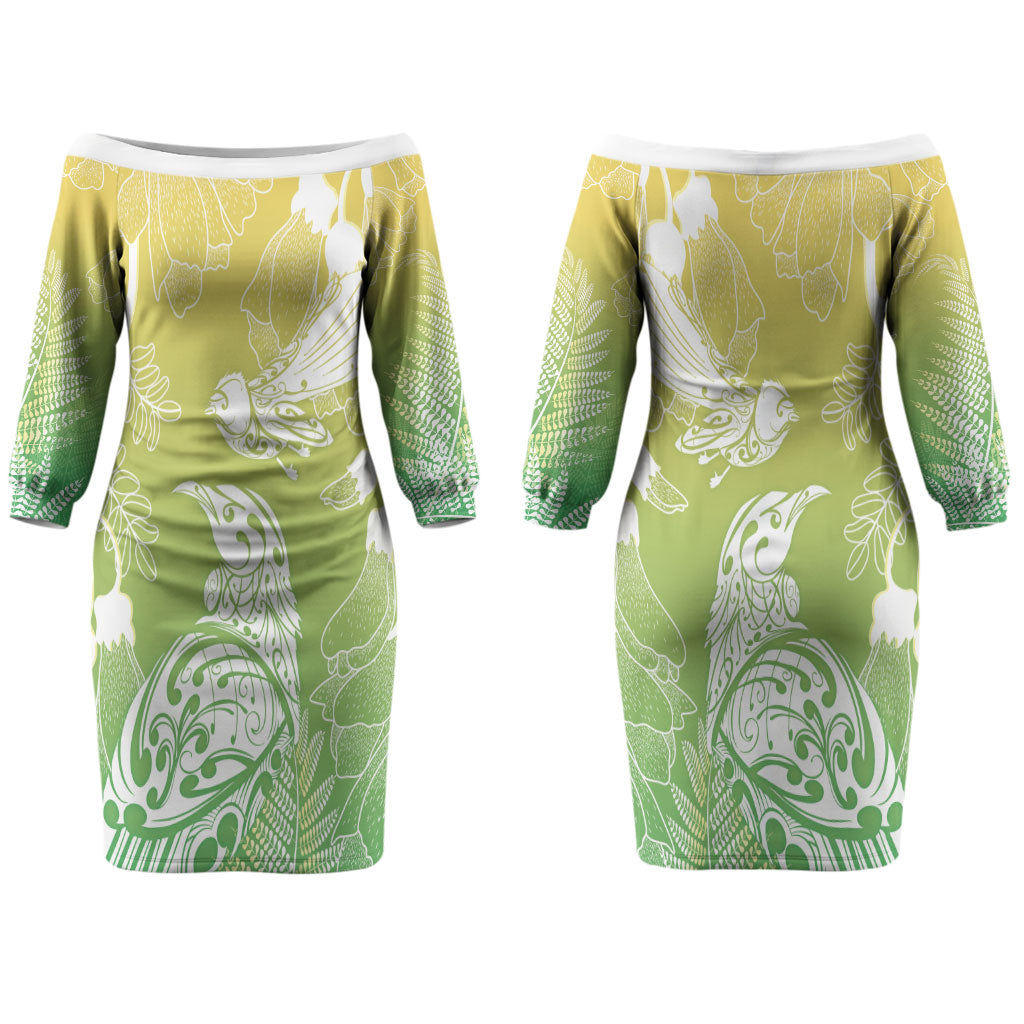 Aotearoa Maori Mahuru Tui With Pikawakawa Couples Matching Off The Shoulder Long Sleeve Dress and Long Sleeve Button Shirt Spring Time LT7 - Polynesian Pride