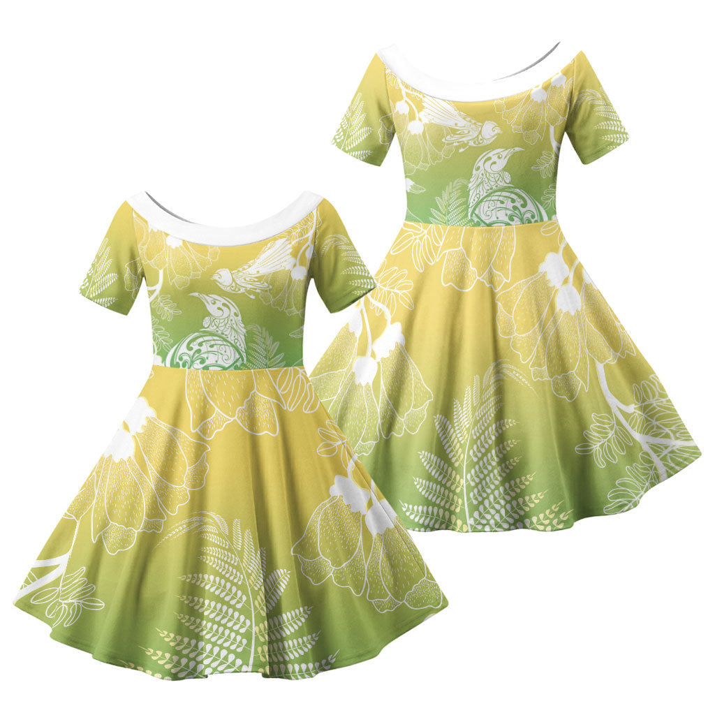 Aotearoa Maori Mahuru Tui With Pikawakawa Family Matching Mermaid Dress and Hawaiian Shirt Spring Time LT7 Daughter's Dress Green - Polynesian Pride