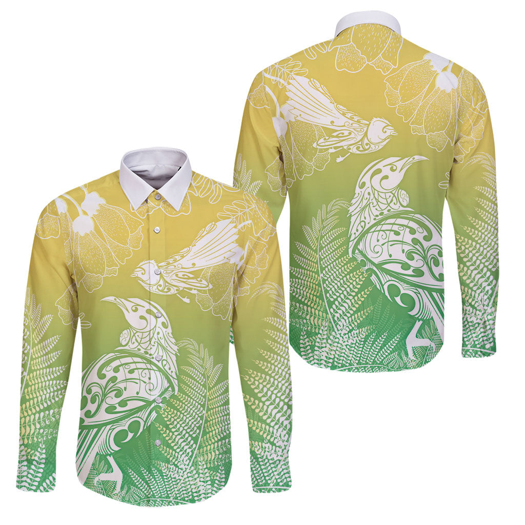 Aotearoa Maori Mahuru Tui With Pikawakawa Family Matching Puletasi and Hawaiian Shirt Spring Time LT7 Dad's Shirt - Long Sleeve Green - Polynesian Pride