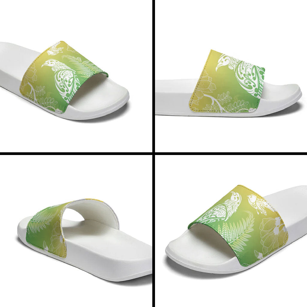 Aotearoa Maori Mahuru Tui With Pikawakawa Slide Sandals Spring Time LT7 - Polynesian Pride