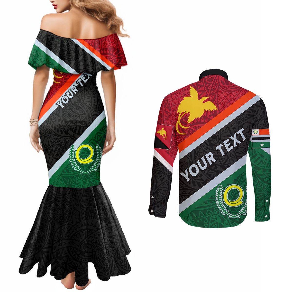 personalised-penama-and-papua-new-guinea-day-couples-matching-mermaid-dress-and-long-sleeve-button-shirts-emblem-mix-style