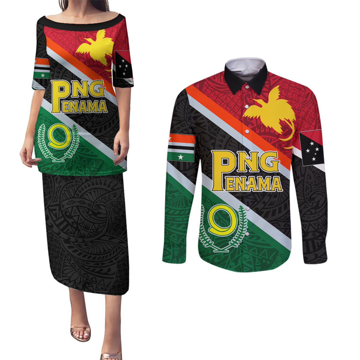 personalised-penama-and-papua-new-guinea-day-couples-matching-puletasi-dress-and-long-sleeve-button-shirts-emblem-mix-style