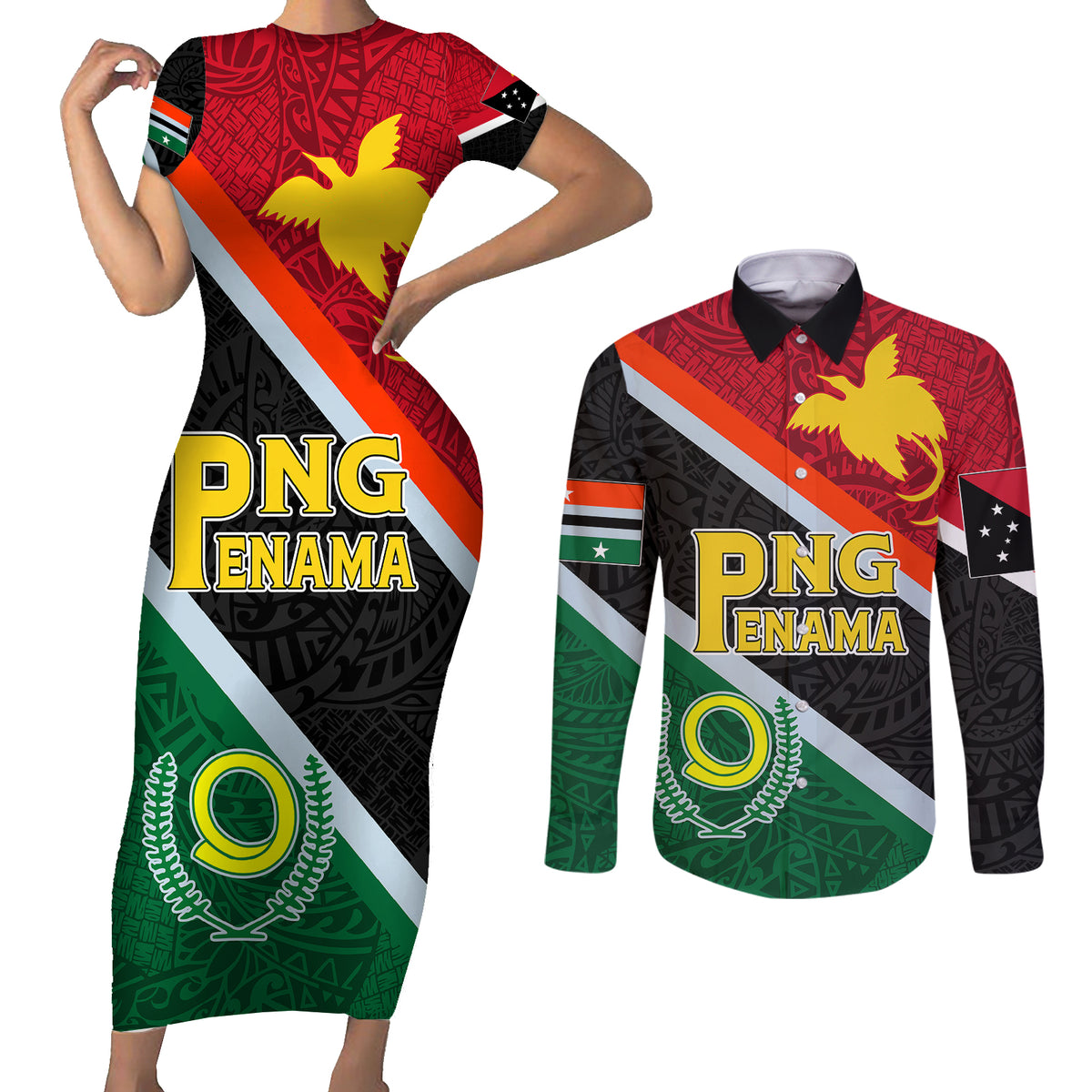 personalised-penama-and-papua-new-guinea-day-couples-matching-short-sleeve-bodycon-dress-and-long-sleeve-button-shirts-emblem-mix-style
