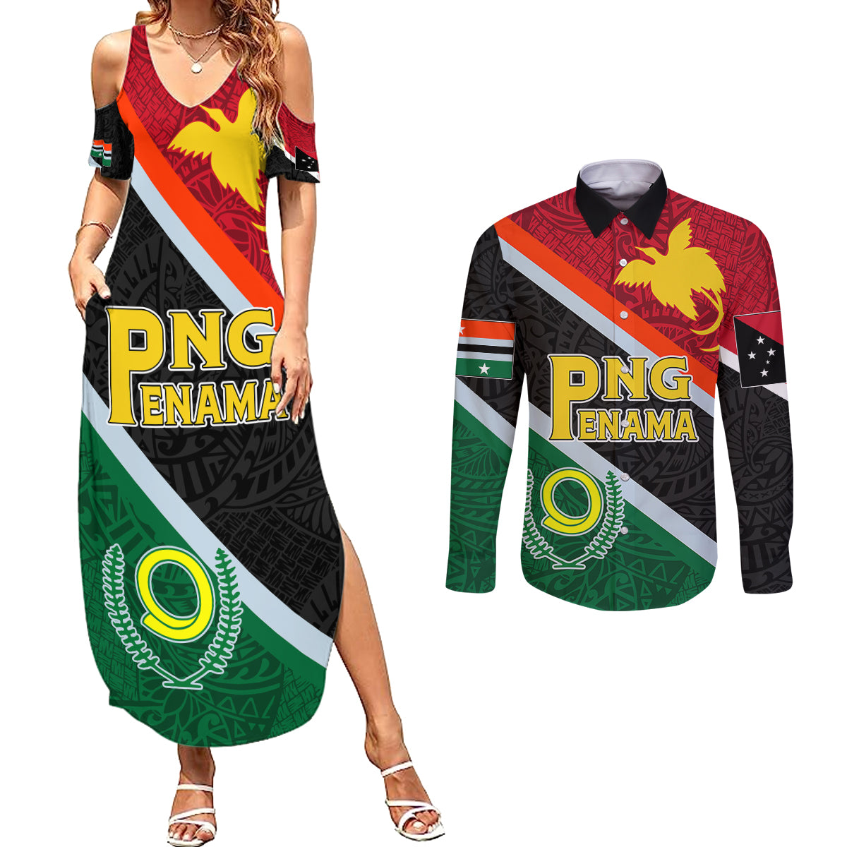personalised-penama-and-papua-new-guinea-day-couples-matching-summer-maxi-dress-and-long-sleeve-button-shirts-emblem-mix-style