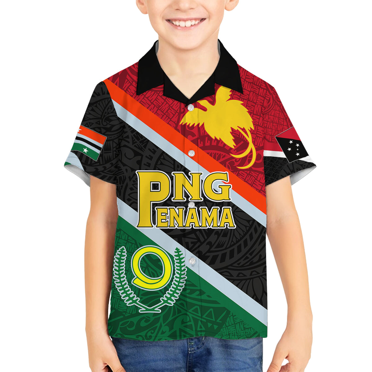 personalised-penama-and-papua-new-guinea-day-family-matching-off-shoulder-short-dress-and-hawaiian-shirt-emblem-mix-style