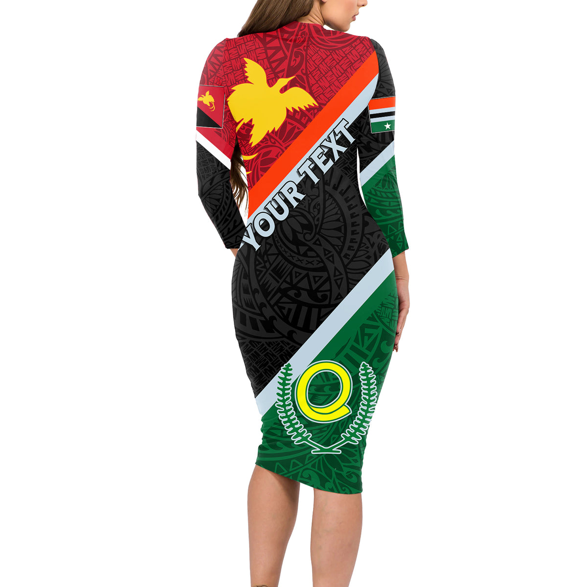 Personalised Penama and Papua New Guinea Day Long Sleeve Bodycon Dress Emblem Mix Style LT7 - Polynesian Pride