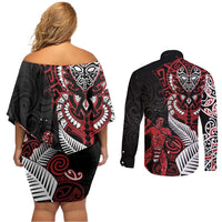 Aotearoa Toitu Te Tiriti Couples Matching Off Shoulder Short Dress and Long Sleeve Button Shirt Whakairo Wheku