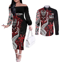 Aotearoa Toitu Te Tiriti Couples Matching Off The Shoulder Long Sleeve Dress and Long Sleeve Button Shirt Whakairo Wheku