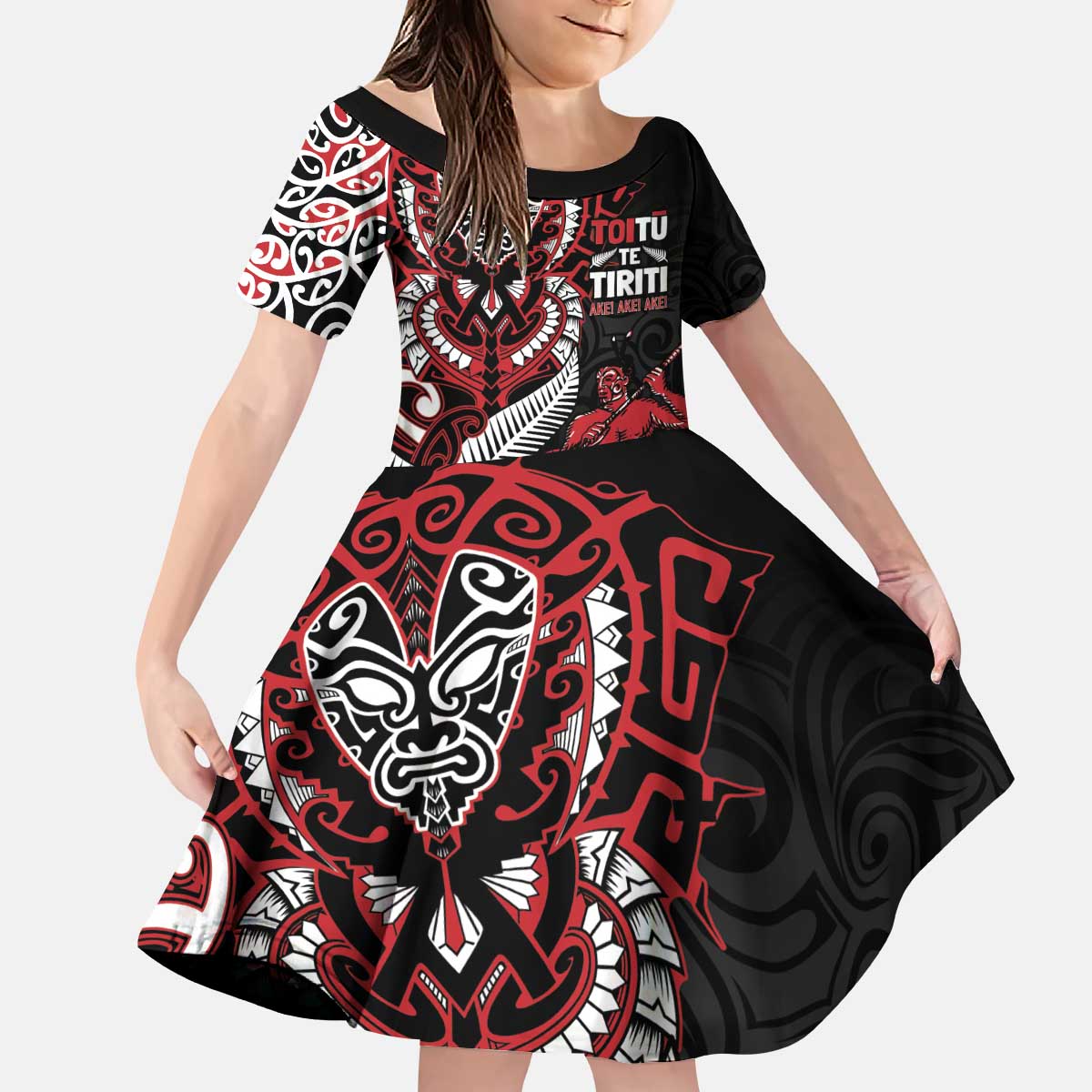 Aotearoa Toitu Te Tiriti Kid Short Sleeve Dress Whakairo Wheku LT7 KID Black - Polynesian Pride