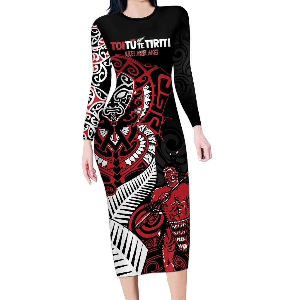 Aotearoa Toitu Te Tiriti Long Sleeve Bodycon Dress Whakairo Wheku LT7 Long Dress Black - Polynesian Pride