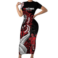 Aotearoa Toitu Te Tiriti Short Sleeve Bodycon Dress Whakairo Wheku LT7 Long Dress Black - Polynesian Pride