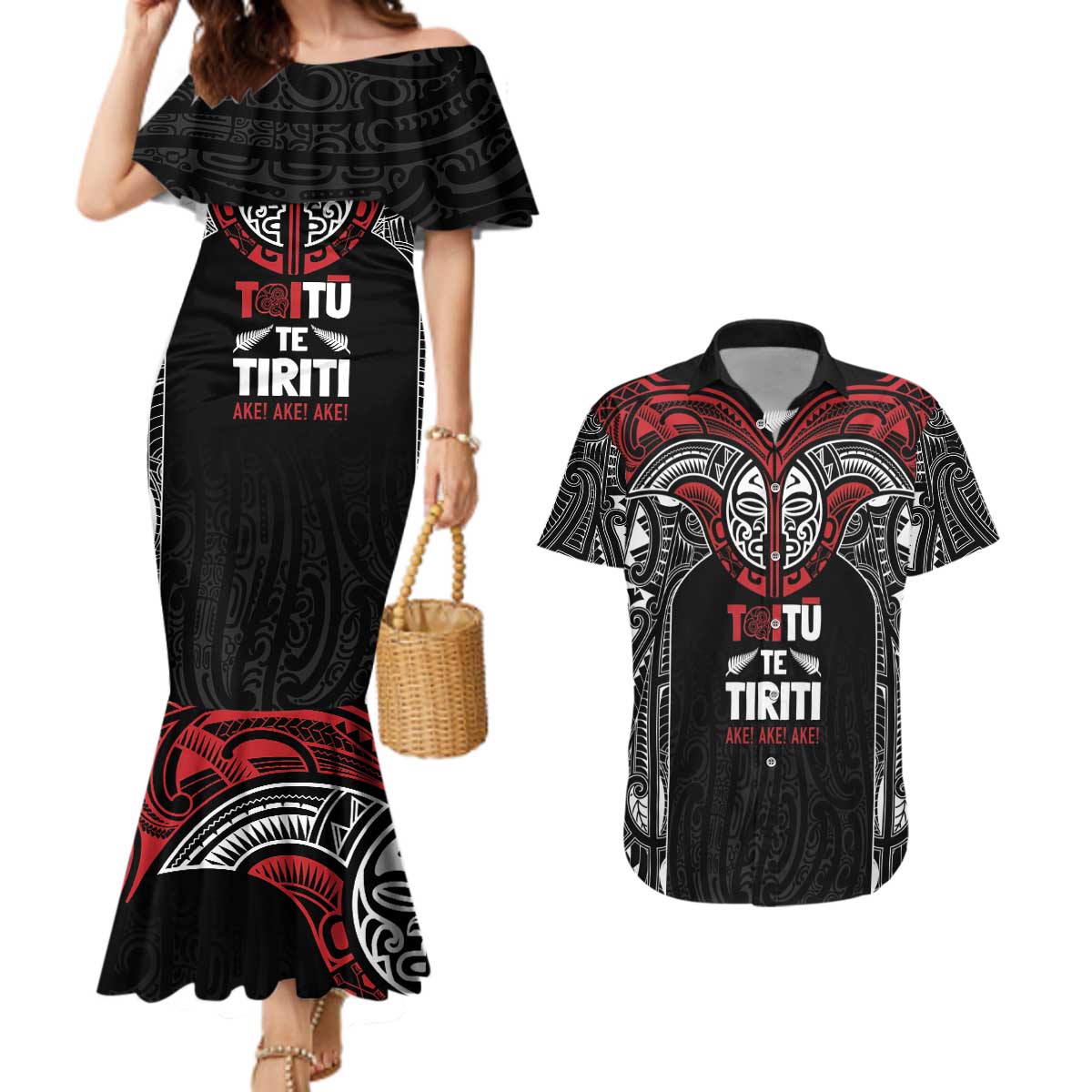 Aotearoa Maori Personalized Couples Matching Mermaid Dress and Hawaiian Shirt Toitu Te Tiriti Ake! Ake! Ake! LT7 Black - Polynesian Pride
