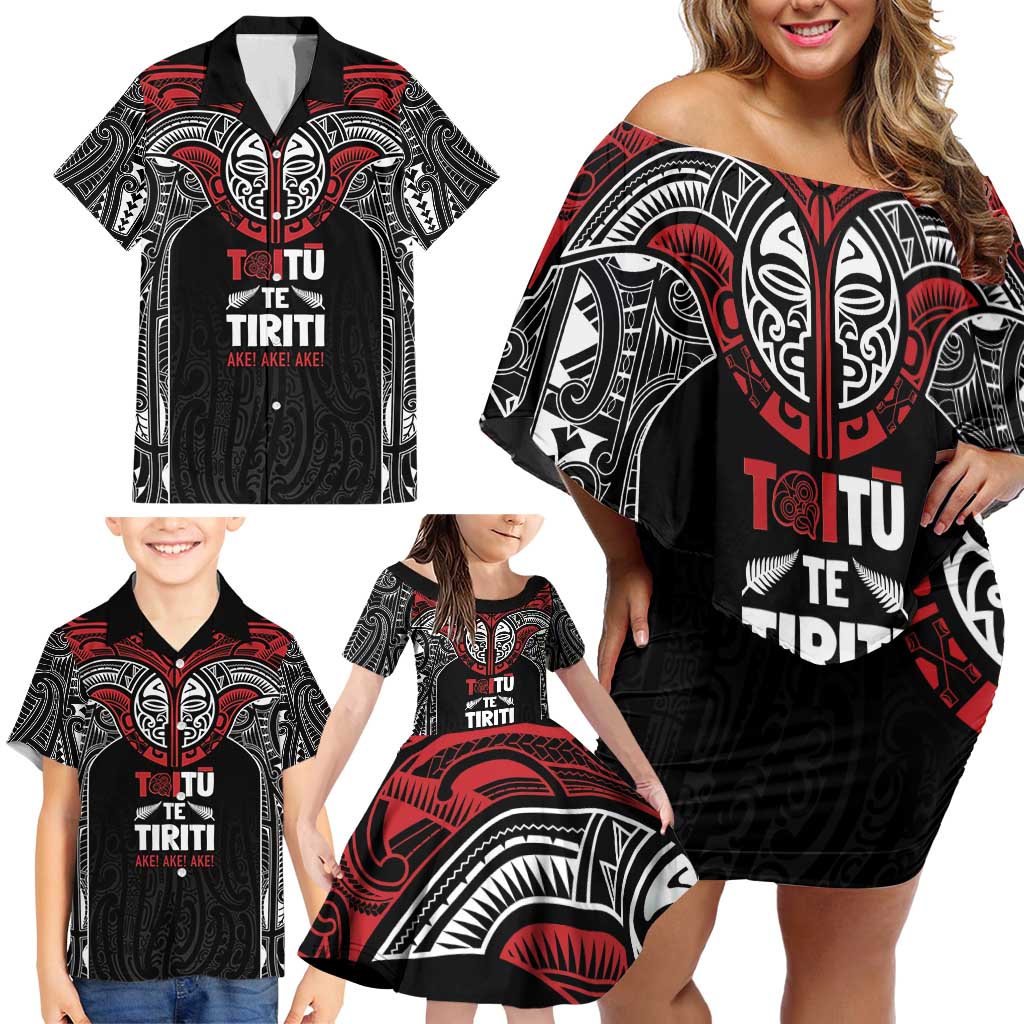 Aotearoa Maori Personalized Family Matching Off Shoulder Short Dress and Hawaiian Shirt Toitu Te Tiriti Ake! Ake! Ake!